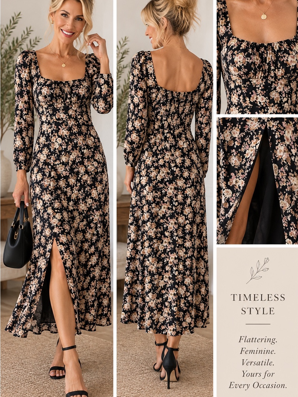Floral Square-Neck Maxi Dress in Black and Beige